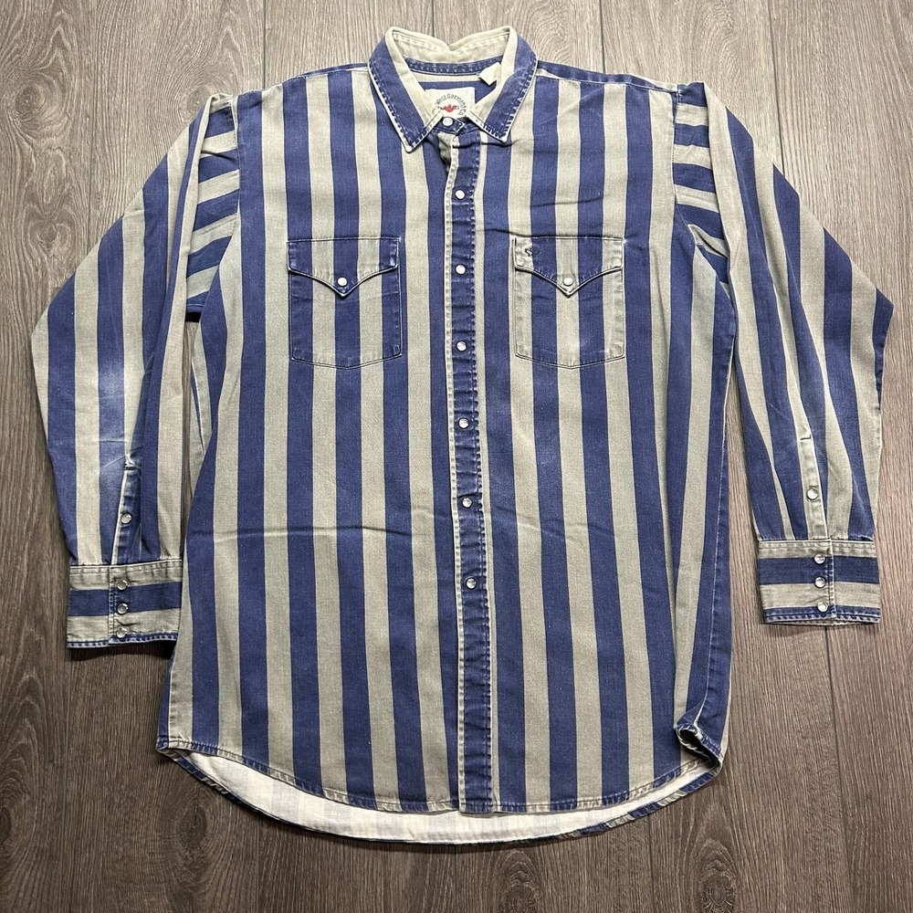 Vintage MWG Mid-West Garment Co Blue Grey Striped Pearl Snap Western Shirt Mens